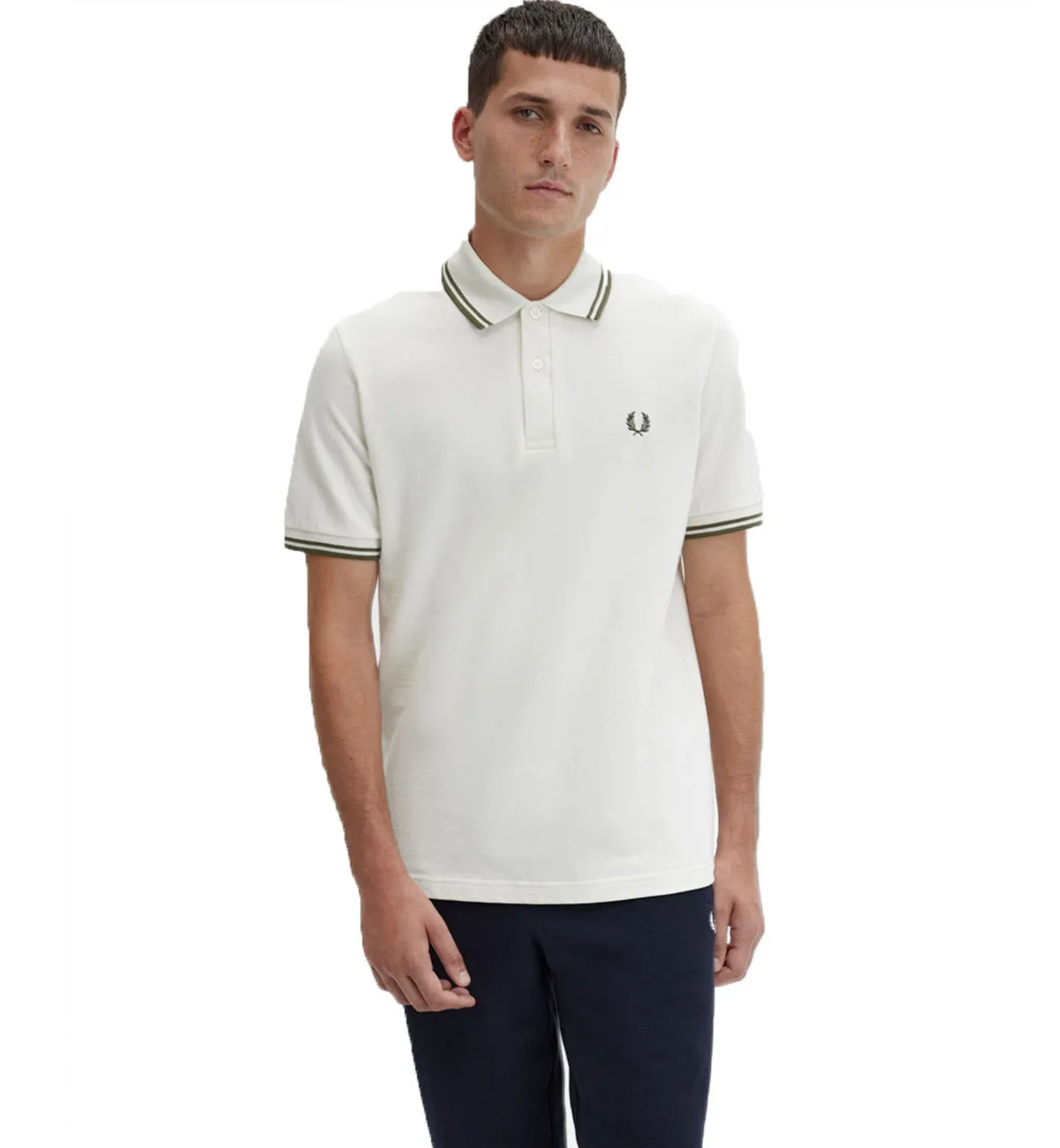 Fred Perry Green Double Stripe Ecru Polo Shirt