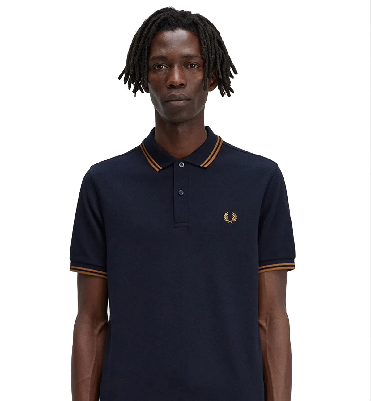 Fred Perry Orange Double Stripe Navy Polo Shirt