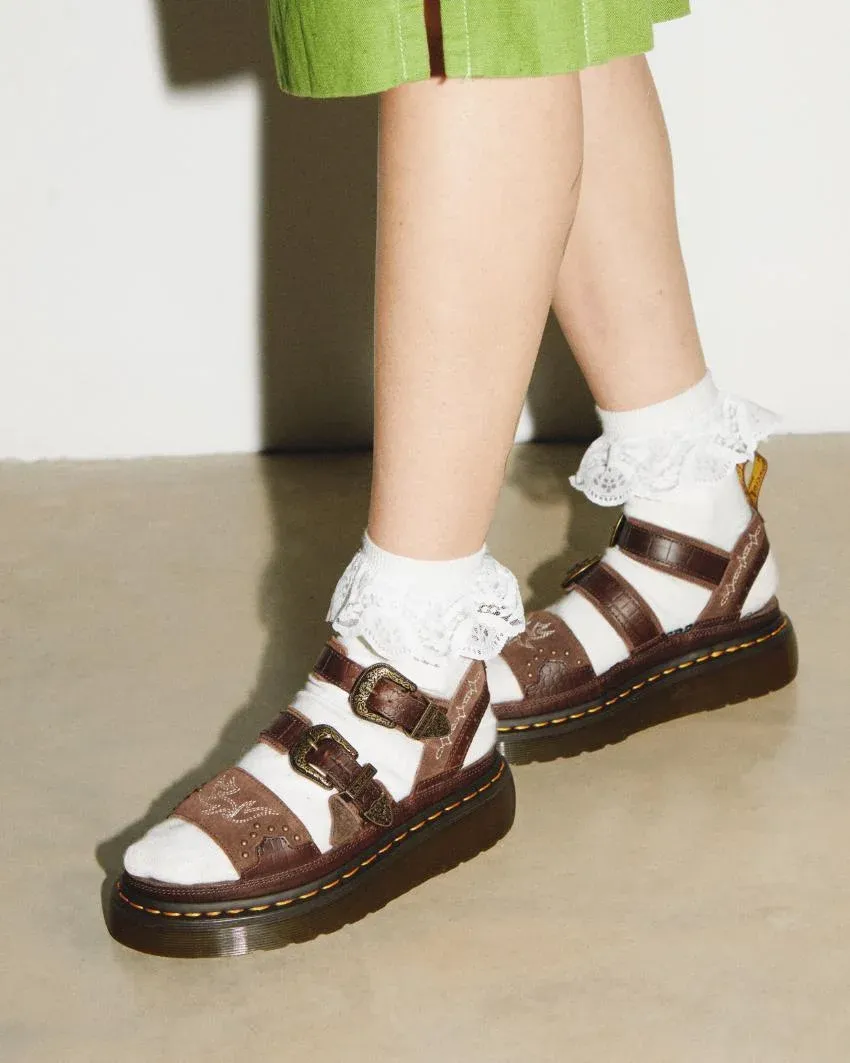 GRYPHON QUAD 2 STRAP SANDAL DARK BROWN CLASSIC PULL UP REPTI